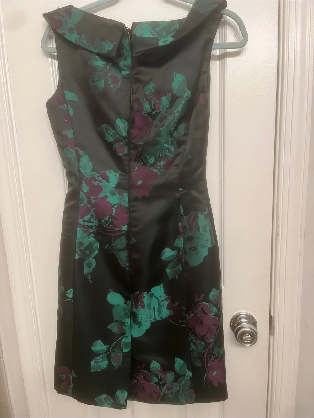 Tahari Black Satin Midi Dress with Teal and Purple Floral Accents